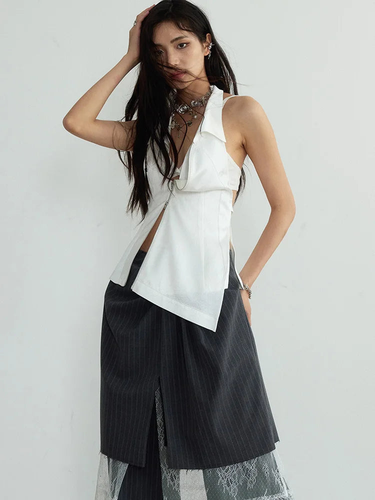 Marigold Shadows Shirts Nausta Asymmetrical Zipper Halter