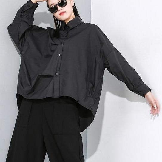 Marigold Shadows shirts Rena Asymmetrical Loose Long Sleeve Shirt - Black