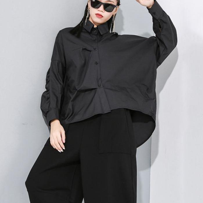 Marigold Shadows shirts Rena Asymmetrical Loose Long Sleeve Shirt - Black