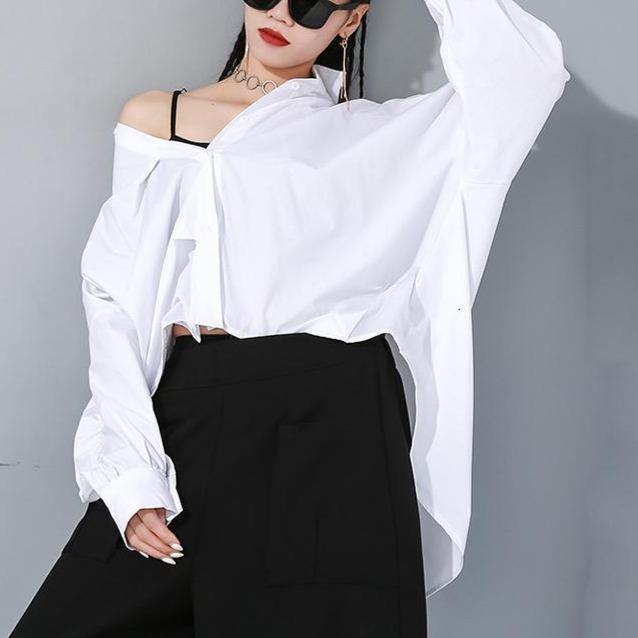 Marigold Shadows shirts Rena Asymmetrical Loose Long Sleeve Shirt - White