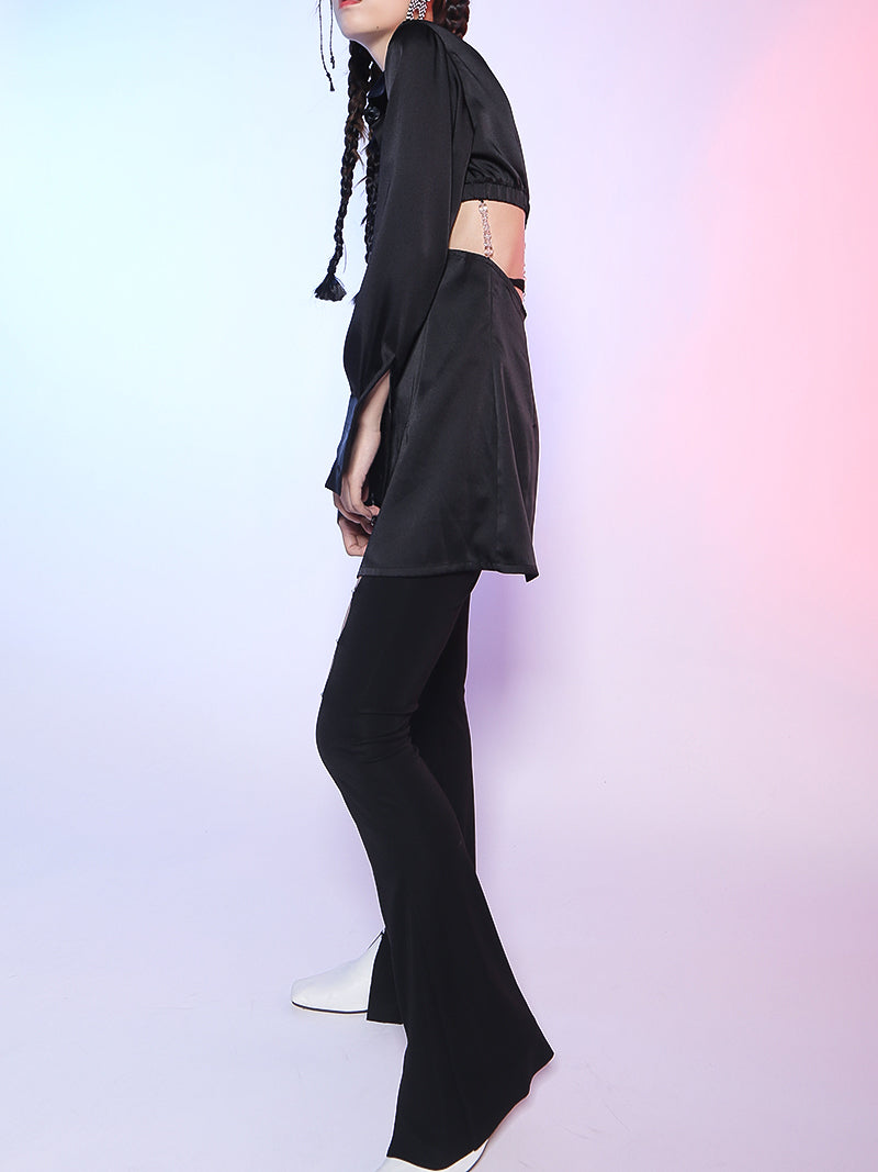 Marigold Shadows shirts Saeko Hollow Out Long Sleeve Shirt - Black