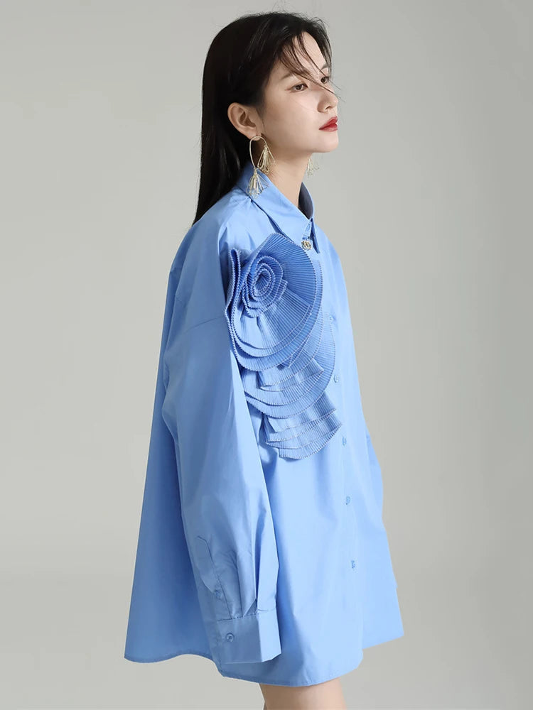 Marigold Shadows Shirts Sheltey Ruffle Flower Blouse - Blue