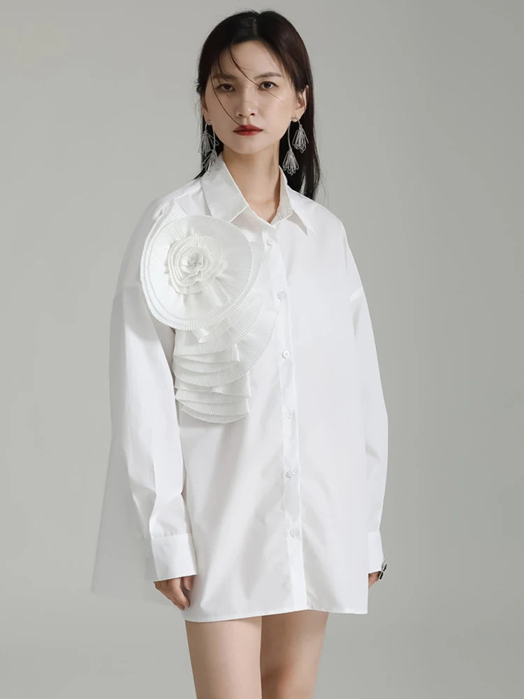 Marigold Shadows Shirts Sheltey Ruffle Flower Blouse - White