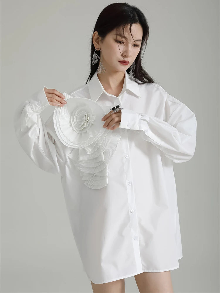 Marigold Shadows Shirts Sheltey Ruffle Flower Blouse - White