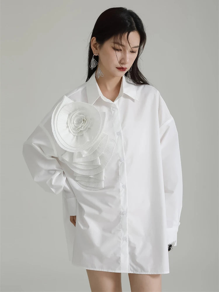 Marigold Shadows Shirts Sheltey Ruffle Flower Blouse - White