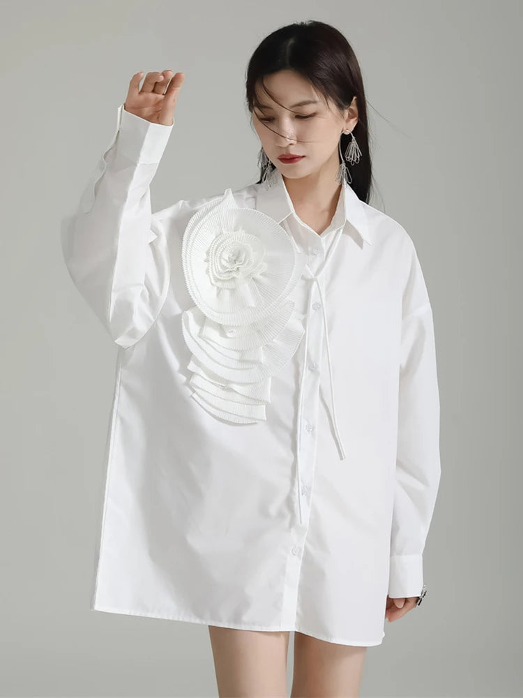 Marigold Shadows Shirts Sheltey Ruffle Flower Blouse - White