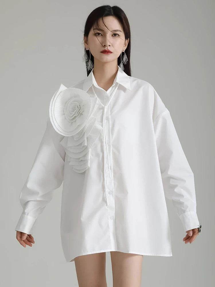 Marigold Shadows Shirts Sheltey Ruffle Flower Blouse - White