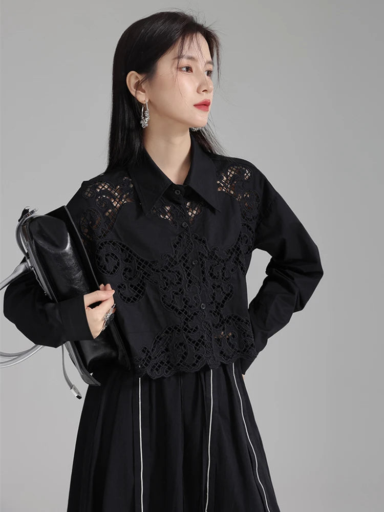 Marigold Shadows Shirts Sherrm Doiley Crop Button Up - Black