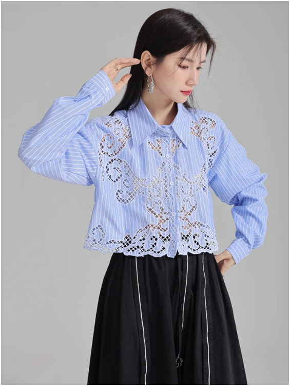 Marigold Shadows Shirts Sherrm Doiley Crop Button Up - Blue