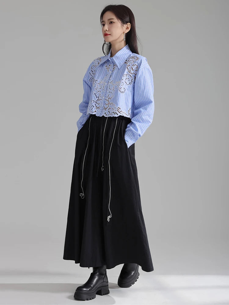 Marigold Shadows Shirts Sherrm Doiley Crop Button Up - Blue