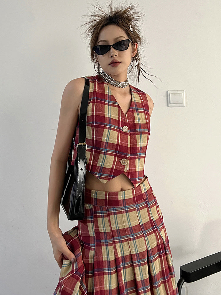 Marigold Shadows Shirts Tihee Plaid Cropped Vest - Red and Tan