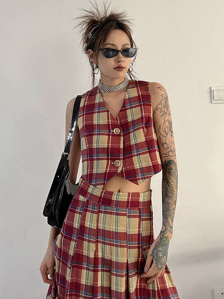 Marigold Shadows Shirts Tihee Plaid Cropped Vest - Red and Tan