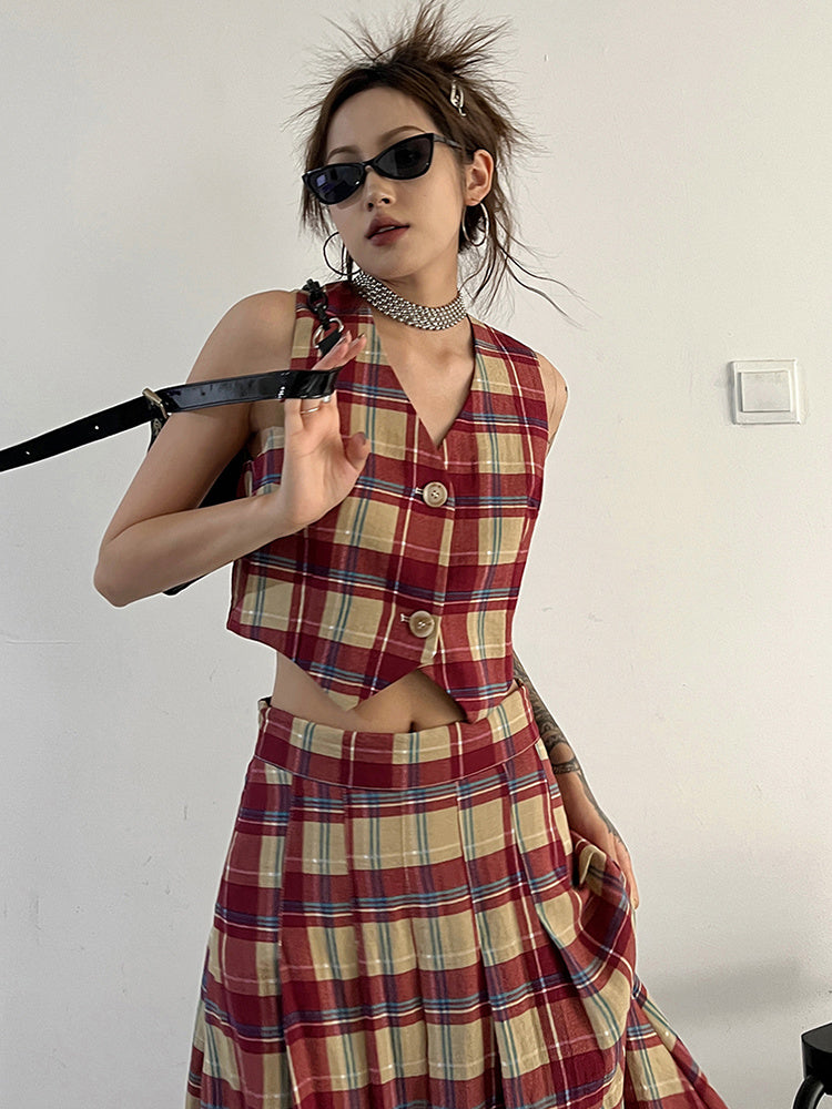 Marigold Shadows Shirts Tihee Plaid Cropped Vest - Red and Tan