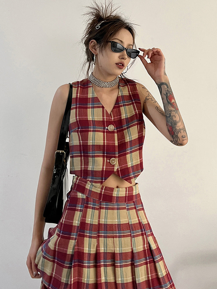 Marigold Shadows Shirts Tihee Plaid Cropped Vest - Red and Tan