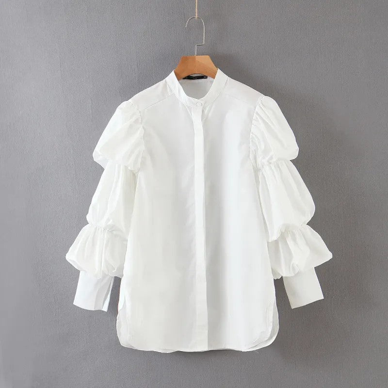 Marigold Shadows Shirts & Tops Daoko Pleated Puff Long Sleeve Shirt - White