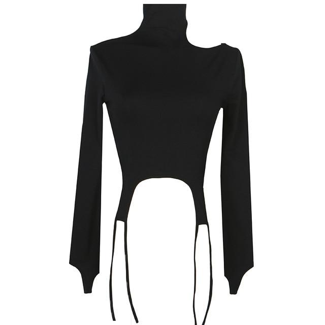 Marigold Shadows shirts Tsuna Irregular Long Sleeve Turtleneck Top - Black