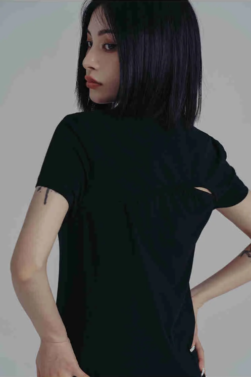 Marigold Shadows Shirts Wallcy Irregular Hem T-shirt - Black