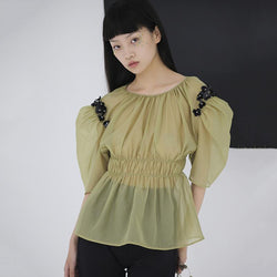 Marigold Shadows shirts Yuriko O-Neck Pleated Sleeve Shirt