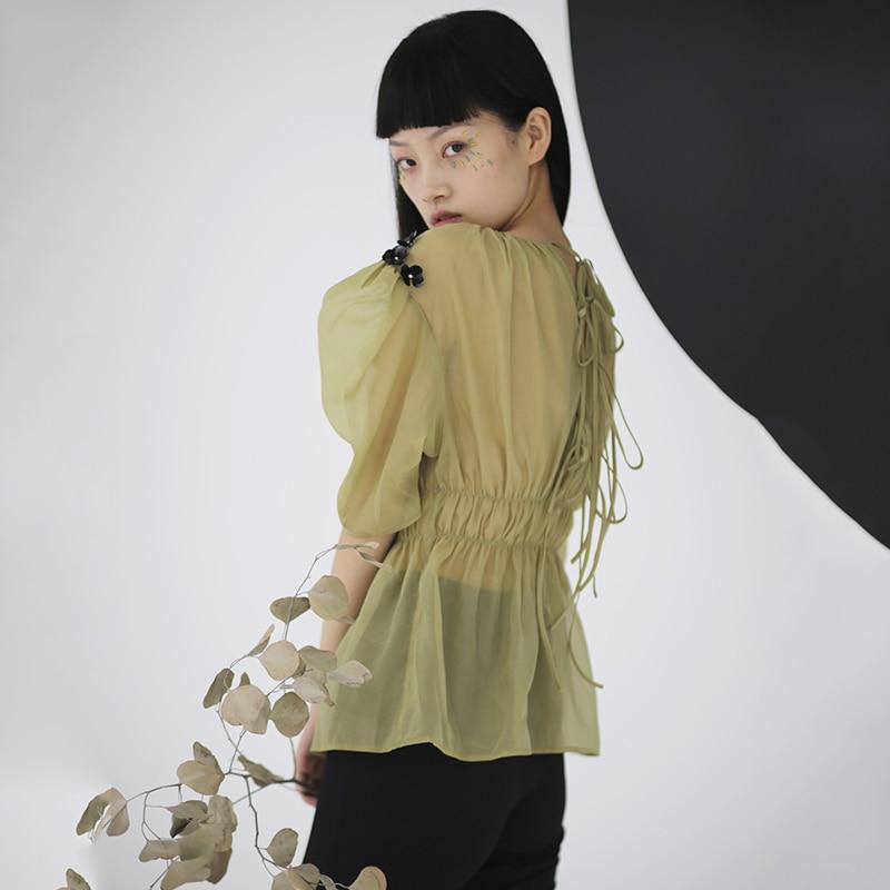 Marigold Shadows shirts Yuriko O-Neck Pleated Sleeve Shirt