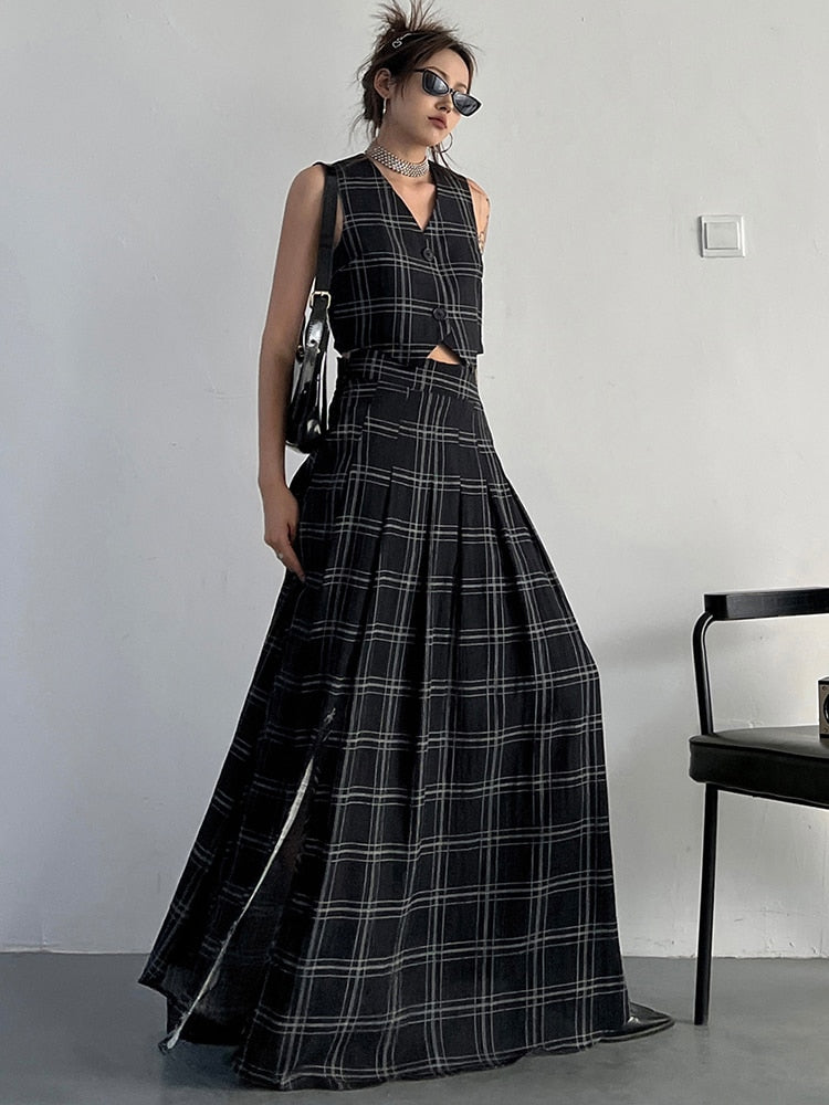 Marigold Shadows Skirt Tihee Plaid Long Skirt - Black and Gray