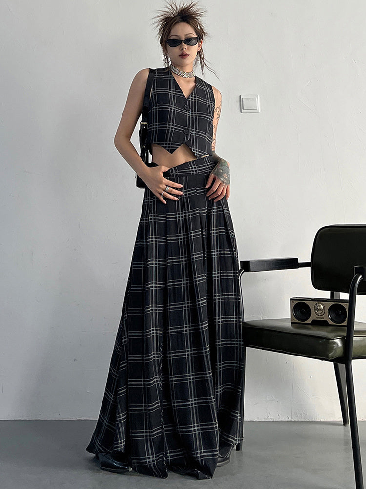 Marigold Shadows Skirt Tihee Plaid Long Skirt - Black and Gray