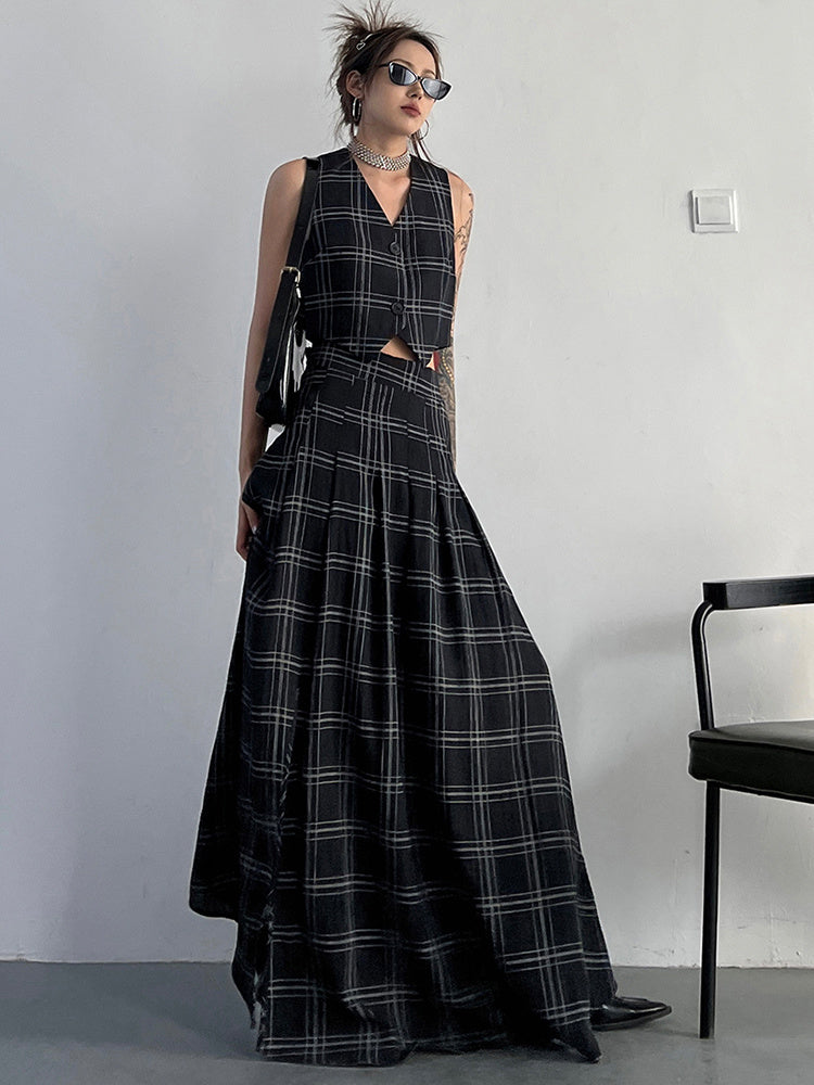 Marigold Shadows Skirt Tihee Plaid Long Skirt - Black and Gray