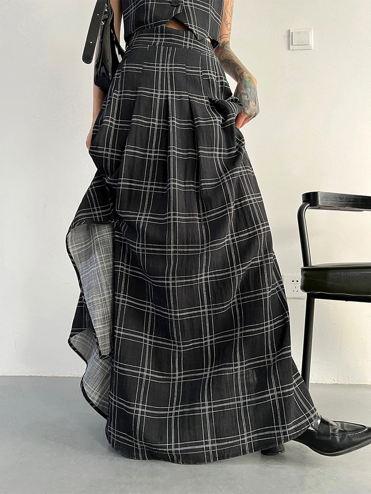 Marigold Shadows Skirt Tihee Plaid Long Skirt - Black and Gray