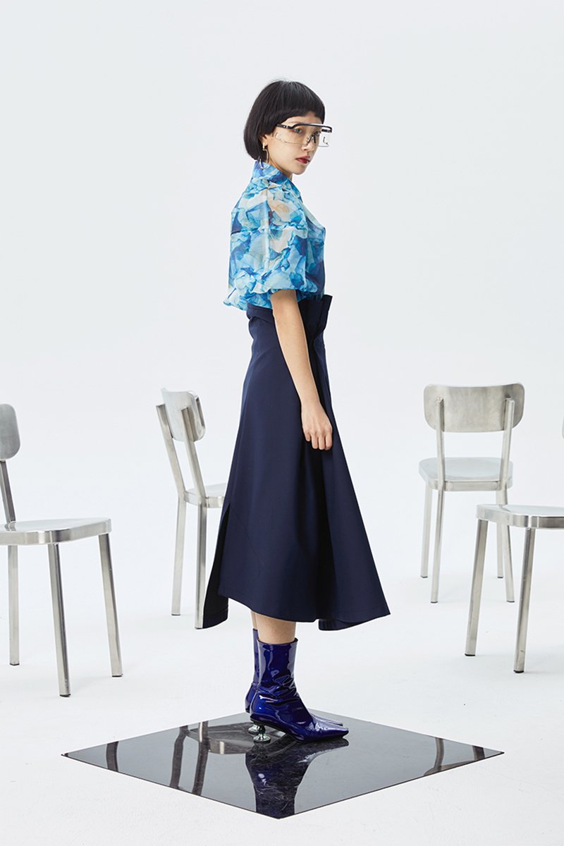 Marigold Shadows skirts Kokone Pleated Asymmetrical Skirt - Navy Blue