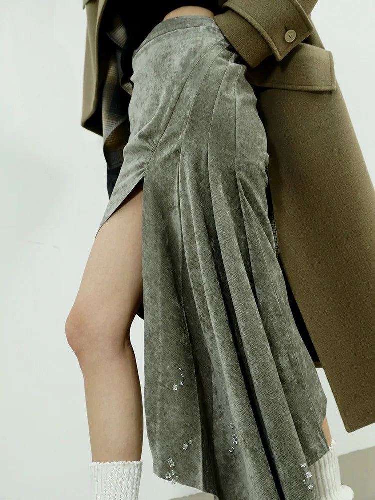 Marigold Shadows Skirts Mermadee Velvet Pleated Long Skirt