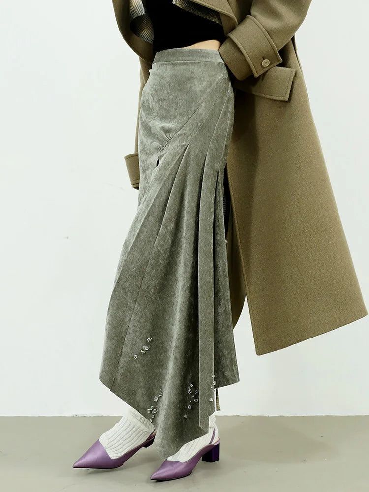 Marigold Shadows Skirts Mermadee Velvet Pleated Long Skirt