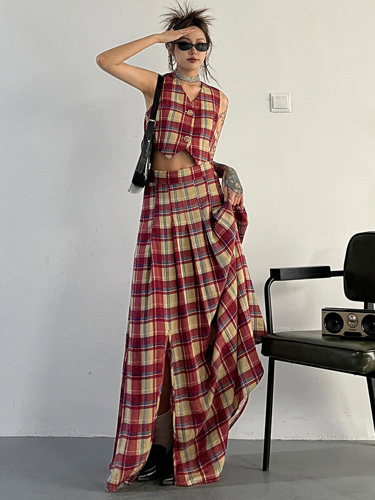 Marigold Shadows Skirts Tihee Plaid Long Skirt - Red and Tan