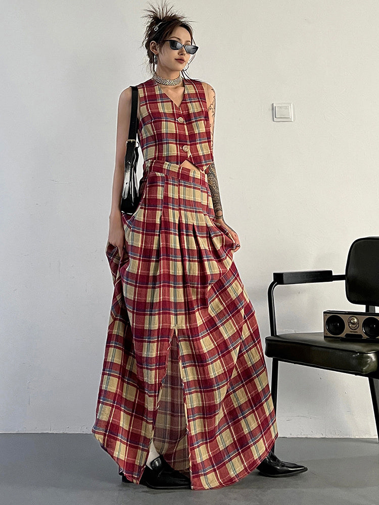 Marigold Shadows Skirts Tihee Plaid Long Skirt - Red and Tan