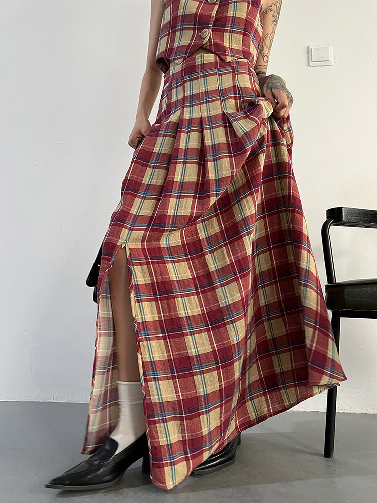 Marigold Shadows Skirts Tihee Plaid Long Skirt - Red and Tan