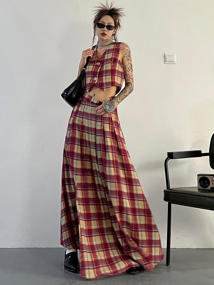 Marigold Shadows Skirts Tihee Plaid Long Skirt - Red and Tan