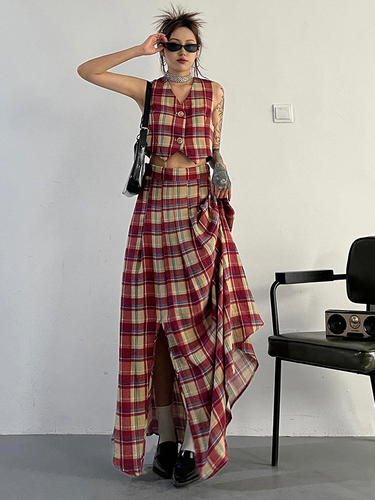 Marigold Shadows Skirts Tihee Plaid Long Skirt - Red and Tan