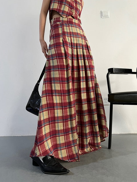 Marigold Shadows Skirts Tihee Plaid Long Skirt - Red and Tan