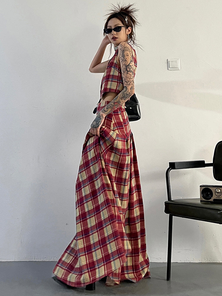 Marigold Shadows Skirts Tihee Plaid Long Skirt - Red and Tan