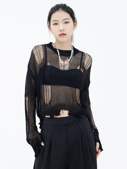 Marigold Shadows Sweaters Izumi Destroyed Knit Sweater - Black