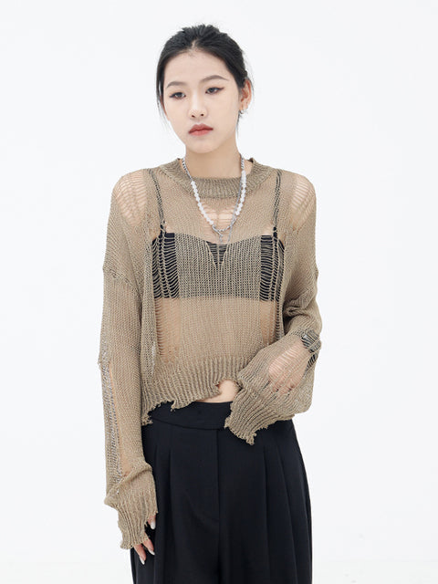 Marigold Shadows Sweaters Izumi Destroyed Knit Sweater - Khaki