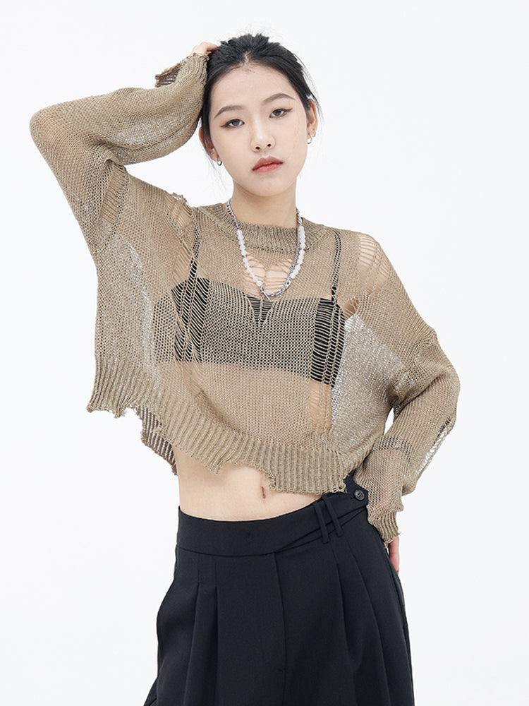 Marigold Shadows Sweaters Izumi Destroyed Knit Sweater - Khaki