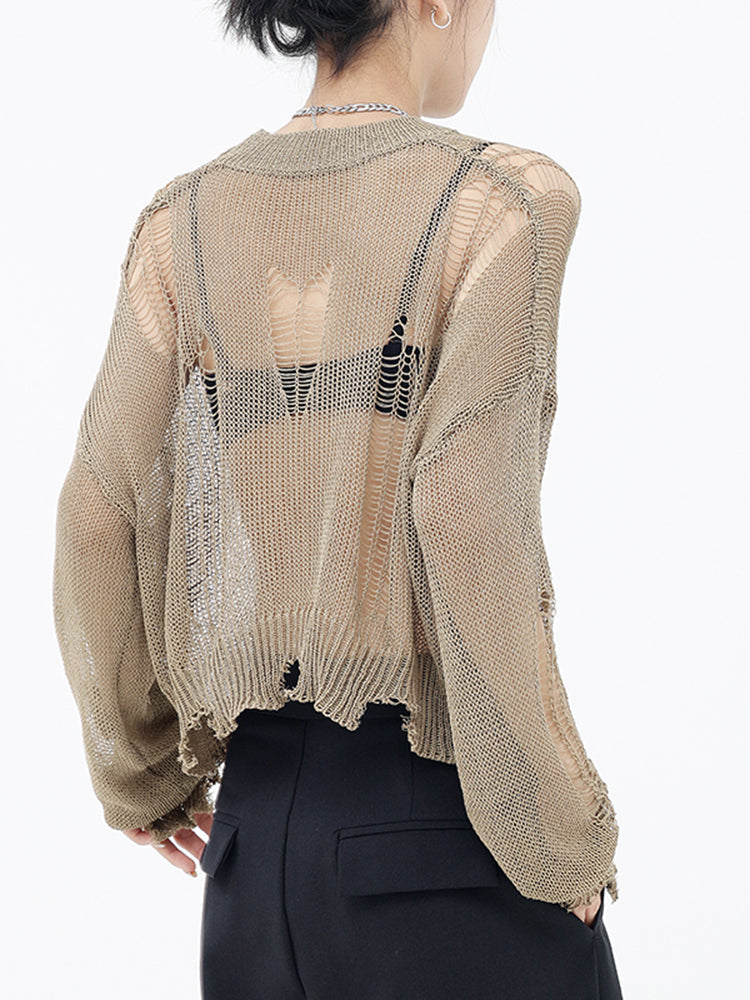 Marigold Shadows Sweaters Izumi Destroyed Knit Sweater - Khaki