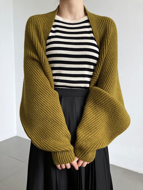 Marigold Shadows Sweaters Touka Knitted Shrug Scarf - Olive Green